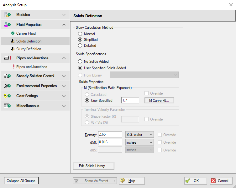 The Slurry Definition Panel in Analysis Setup for the Slurry with Variable Fluid Properties example.